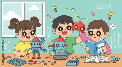Three children playing with robots and reading a book at a table with educational toys and tools in a colorful classroom setting.