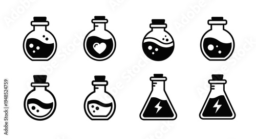 Potion Icons Set, Magic Elixir Bottles, Science Lab Vials, Vector Graphics