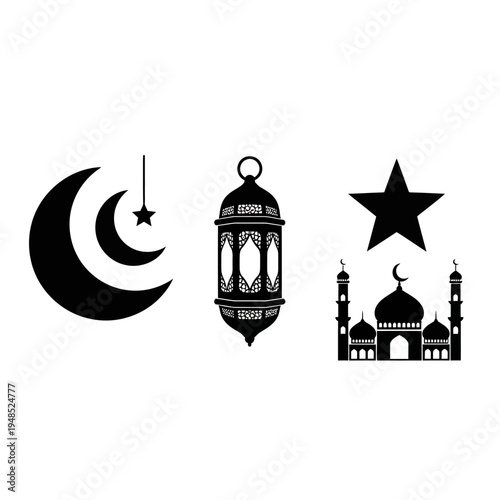 Ramadan Icons: Crescent Moon, Star, Lantern, Mosque Silhouette