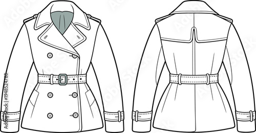 Flat vector illustration of belted women’s trench coat design, stylish double-breasted outerwear, front and back technical fashion drawing.