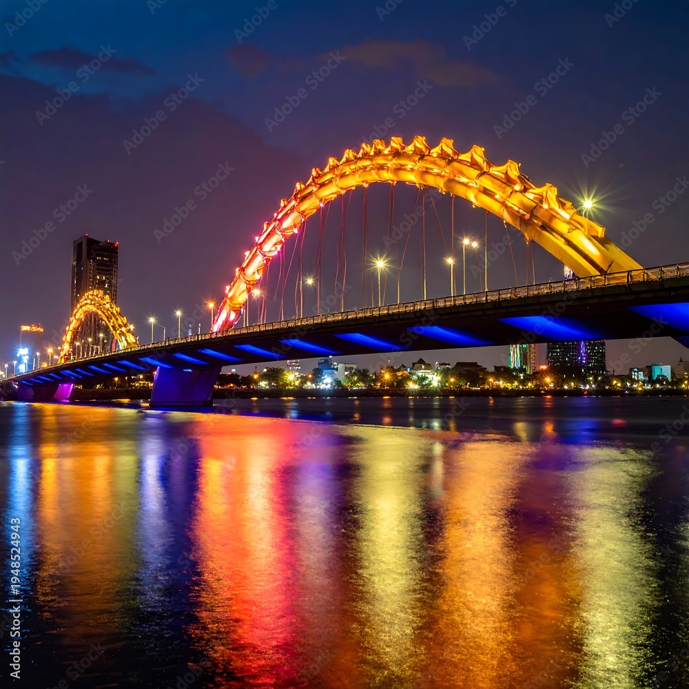 Fototapeta premium A large illuminated bridge over a body of water at night