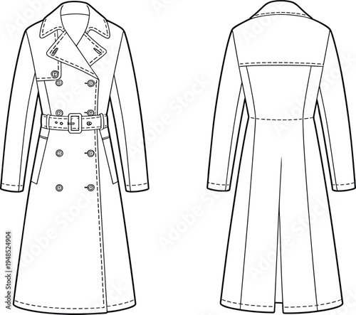 Flat vector illustration of classic long trench coat front and back view, fashion design sketch, outerwear template, coat mockup drawing