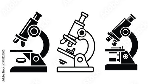 Medical Laboratory Microscope Vector Icon Collection, Professional Microscope Icon Bundle , biology Microscope Symbol Set featuring Solid Silhouette and Outline