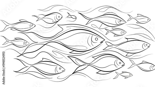 School of Fish Swimming in Flowing Water - Stylized Black and White Illustration