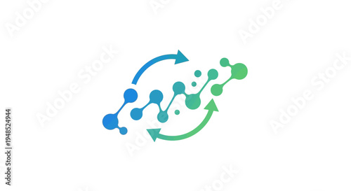 Abstract molecular structure with arrows indicating progress and connection.