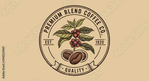 Premium Blend Coffee Co. vintage logo with coffee plant and beans illustration.