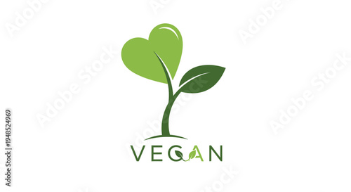 Vegan plant-based logo with heart-shaped sprout and green leaves.