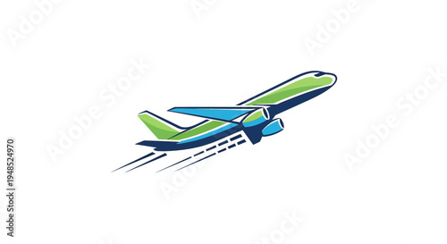Stylized blue and green airplane taking off vector illustration on white background