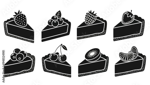 Set of 8 Slices Fruit Pie Icons, Black Silhouette on White Background