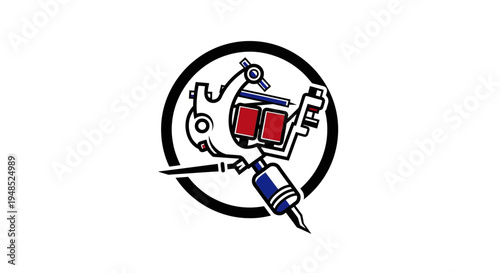 Stylized illustration of a professional tattoo machine gun in a circular frame