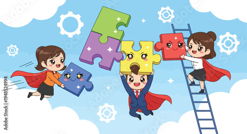 Cartoon illustration of three businesspeople wearing superhero capes working together to assemble colorful puzzle pieces against a light blue background with clouds and gears.