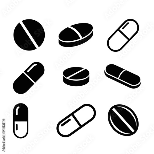 Set of Medicine Pills and Capsules Icons, Black and White Vector Illustrations