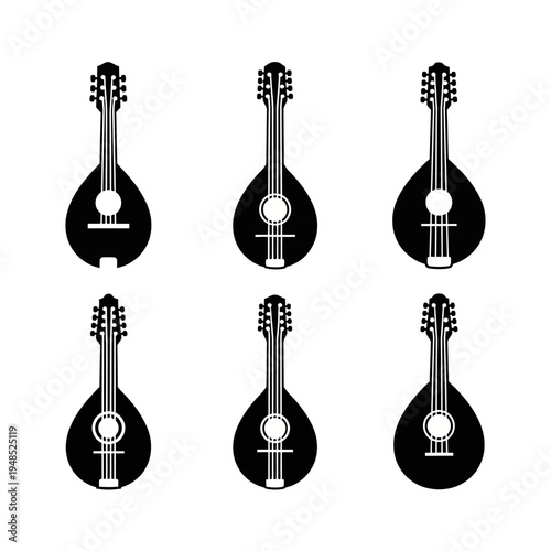 Set of Mandolin Icons, Black Silhouette String Instruments, Vector Illustrations