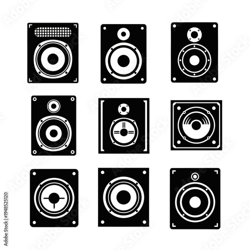 Set of Nine Different Speaker Icons, Vector Illustration