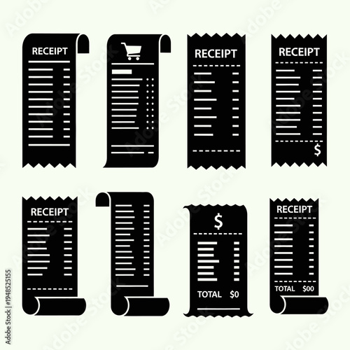 Set of shopping receipts, bills, and invoices icons