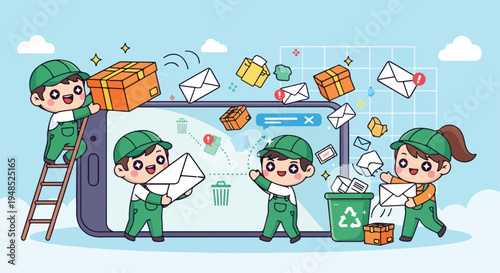 Cartoon illustration of four workers in green uniforms managing mail and recycling around a large smartphone with a blue screen, surrounded by envelopes and packages against a light blue