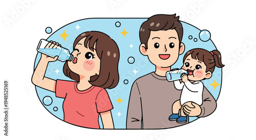 Illustration of a smiling family brushing teeth with toothbrushes in a playful, cartoon style with a light blue background and bubbles.