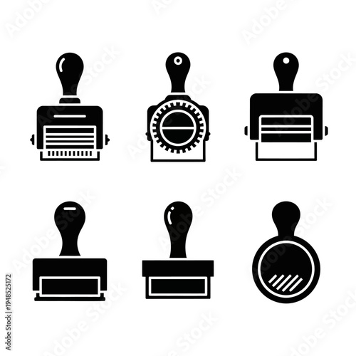 Set of Rubber Stamp Icons, Office Supplies, Vector Illustration