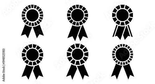 Set of Six Black Ribbons, Award Medals, Achievement Icons, Recognition Badges