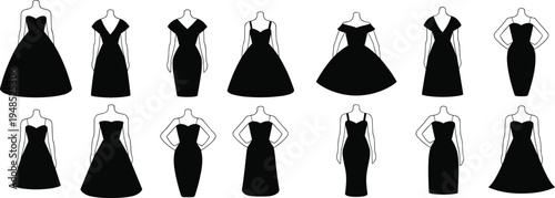 Flat Vector Illustration of Elegant Dresses, Fashionable Gowns, Stylish Women Apparel, Trendy Dresses Silhouettes, Formal and Casual Fashion