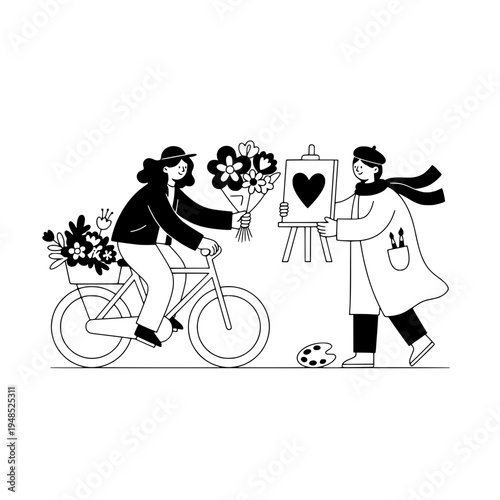 floral bicycle courier line art delivering bouquets for wall decor and gifts or monochrome hand drawn florist on a bicycle delivering flowers with art studio scene