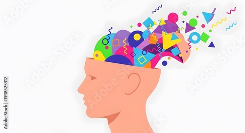Mindful Creativity Unleashed: Illustrative portrayal of a head with an open top, from which vibrant shapes and forms explode outward, symbolizing the boundless potential of creative thought.