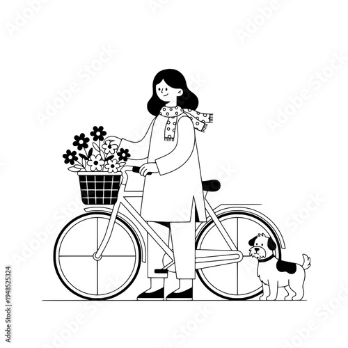 floral bicycle courier line art illustration for print decor and gifts or minimalist bicycle with flower basket black and white illustration for wall art and crafts