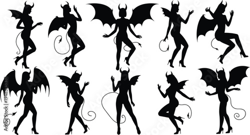 Sexy devil woman silhouettes with horns wings and tail in various poses for fantasy art Halloween costume design flat vector illustration