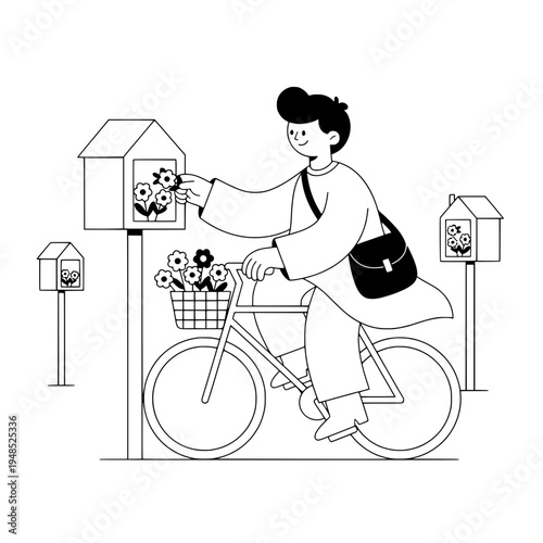 Floral Bicycle Courier Line Art Illustration for Prints and Decor or Flower Delivery Bicycle Outline Art with Basket and Mailboxes