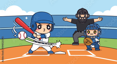 Cartoon illustration of a young baseball player swinging a bat with a catcher and umpire on a baseball field with a blue sky background.