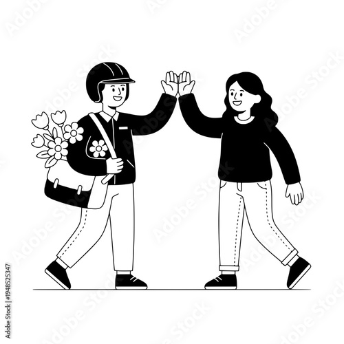 Floral bicycle courier line art vector for bouquet delivery design or Monochrome floral courier illustration featuring bicycle delivery and cheerful duo