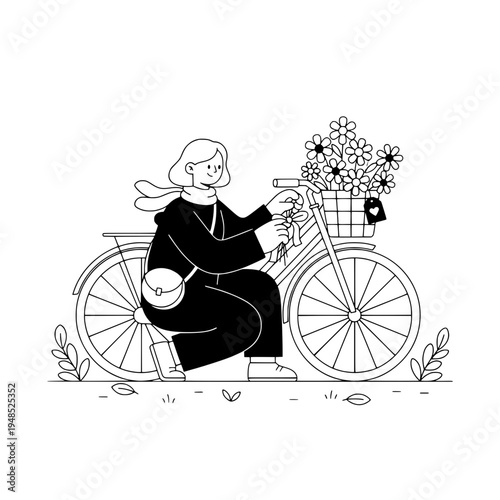 Floral bicycle courier line art with bouquet basket for delivery themed design or Bicycle courier illustration with flowers and basket in black and white line art