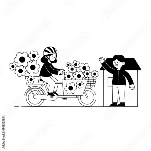 Floral Bicycle Courier Line Art with Flower Filled Bike and Street Vendor or Monochrome Floral Bicycle Messenger Illustration Showcasing Flower Laden Baskets and Friendly Vendor