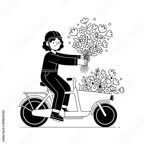 Floral Bicycle Courier with Bouquet in Front Basket Illustration or Boho Floral Bike Courier Illustration for Flower Delivery