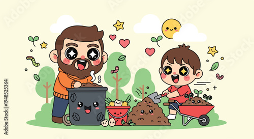 Cartoon illustration of a man and a child composting in a garden with a wheelbarrow and trash can surrounded by green trees and colorful icons on a pale yellow background.