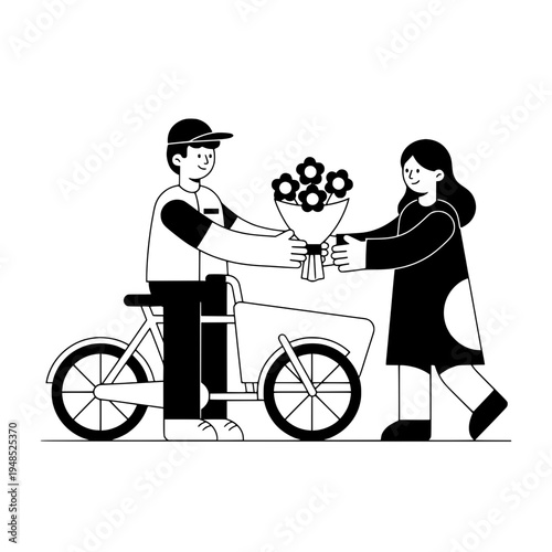 floral bicycle courier vector line art for bouquet delivery design or monochrome bicycle delivery flowers illustration for graphic design resources