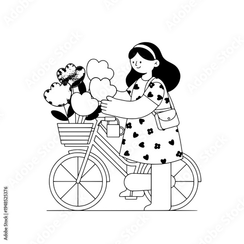 Floral bicycle courier with heart flowers illustration or Charming bike delivery with heart shaped blooms