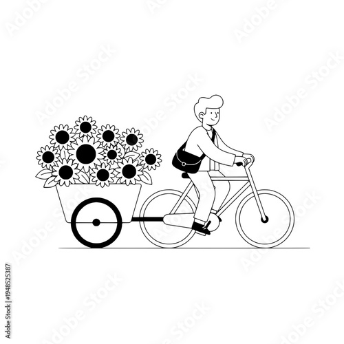 Floral bicycle courier with sunflower cart illustration for delivery and garden decor or Sunflower bicycle cart design for florist delivery and vintage style artwork