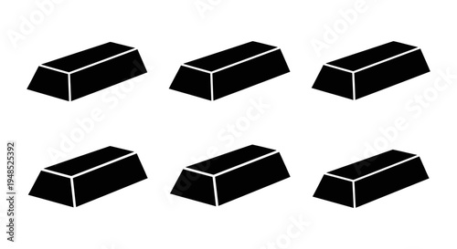 Six Black Gold Bars Isolated on White Background, Financial Concept