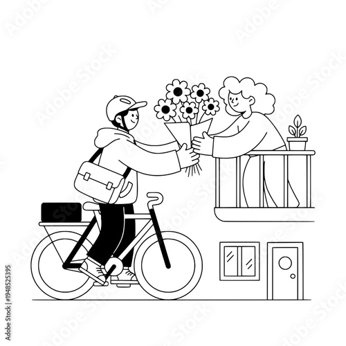 Floral bicycle delivery bouquet exchange on balcony or Cyclist delivering flowers to a resident on a balcony