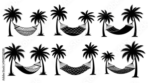 Tropical Beach Hammocks Palm Trees Silhouette Vector Illustration
