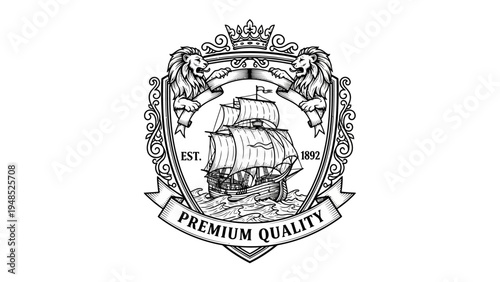 Vintage Ship Emblem with Lions and Crown - Premium Quality Logo