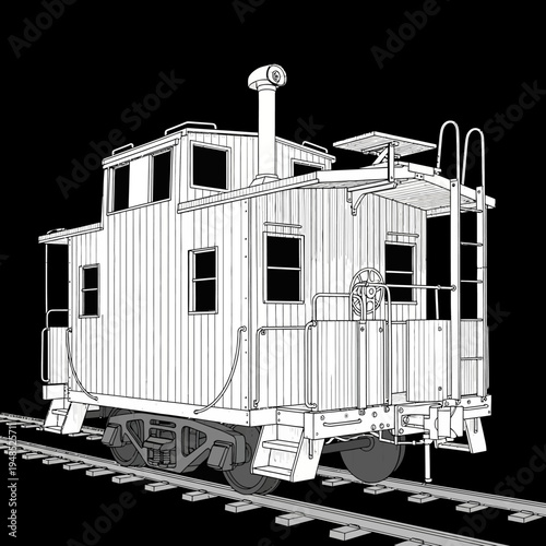 Vintage Wooden Caboose on Train Tracks - Black and White Line Art