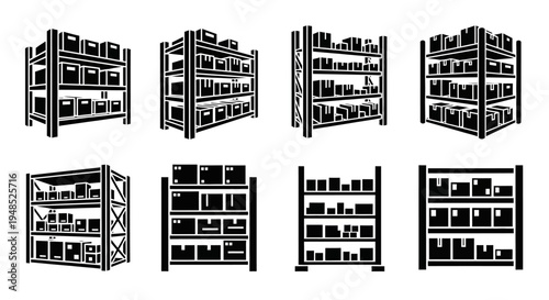 Warehouse Shelving Racks with Boxes Set Icons