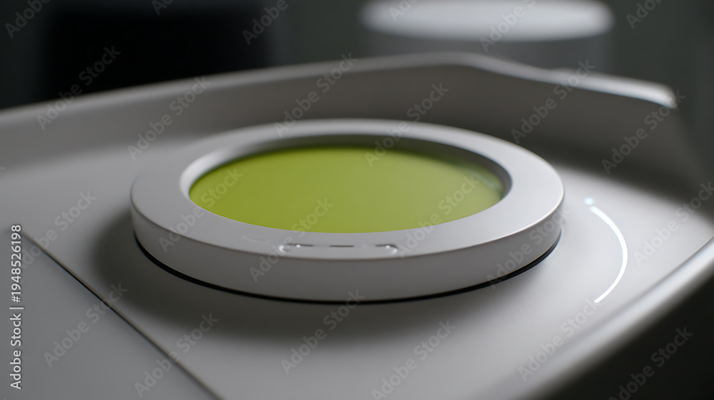 Fototapeta premium Modern Circular Device with Green Screen Display on Minimalist White Background, Highlighting Precision Technology and Interactive Interface
