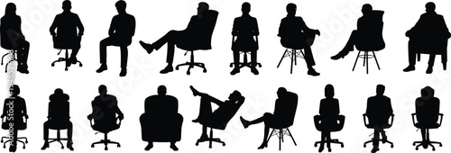 Flat vector illustration of diverse business people silhouettes sitting on various office chairs in relaxed and professional poses for workplace design concepts