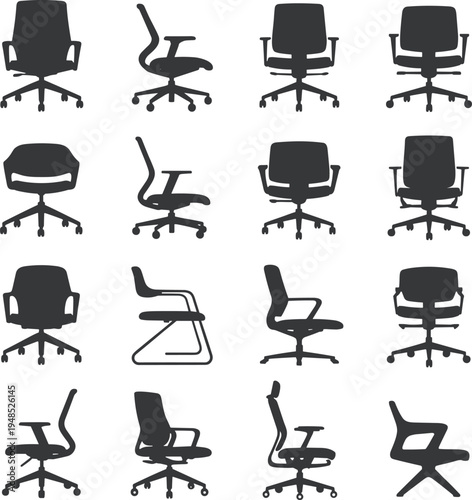 Flat vector illustration of multiple modern office chair silhouettes in various styles, angles, and designs for workplace, business, and furniture projects