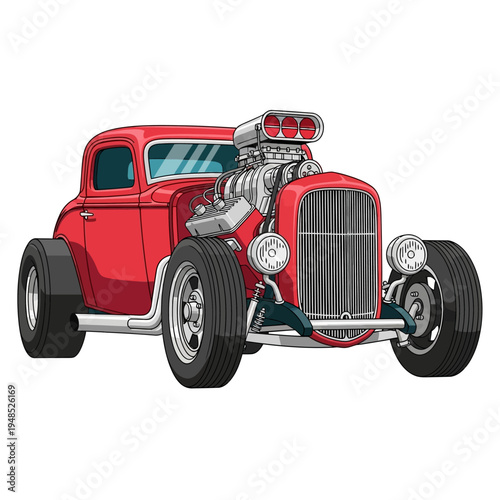Classic Red Hot Rod Car with Exposed Engine and Chrome Details