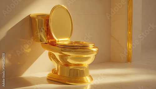 Golden toilet seat and bowl gleam under bright light. This luxury bathroom fixture signifies extreme wealth and opulence. Clean, modern design elevates any lavish interior space