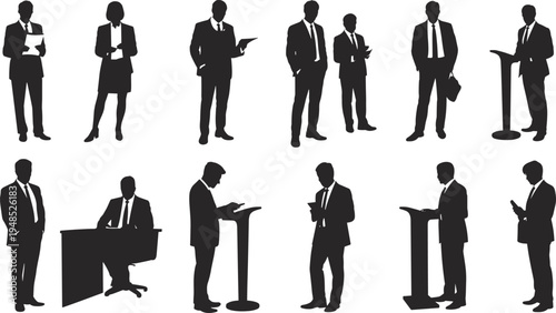 Flat vector illustration of business people silhouettes standing, presenting, and working at desks in professional corporate office and conference environments